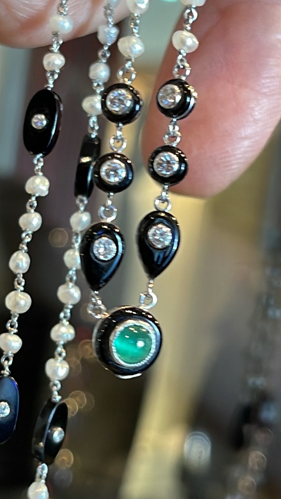 Signed Art Deco Diamond , Onyx , Pearl , Emerald a