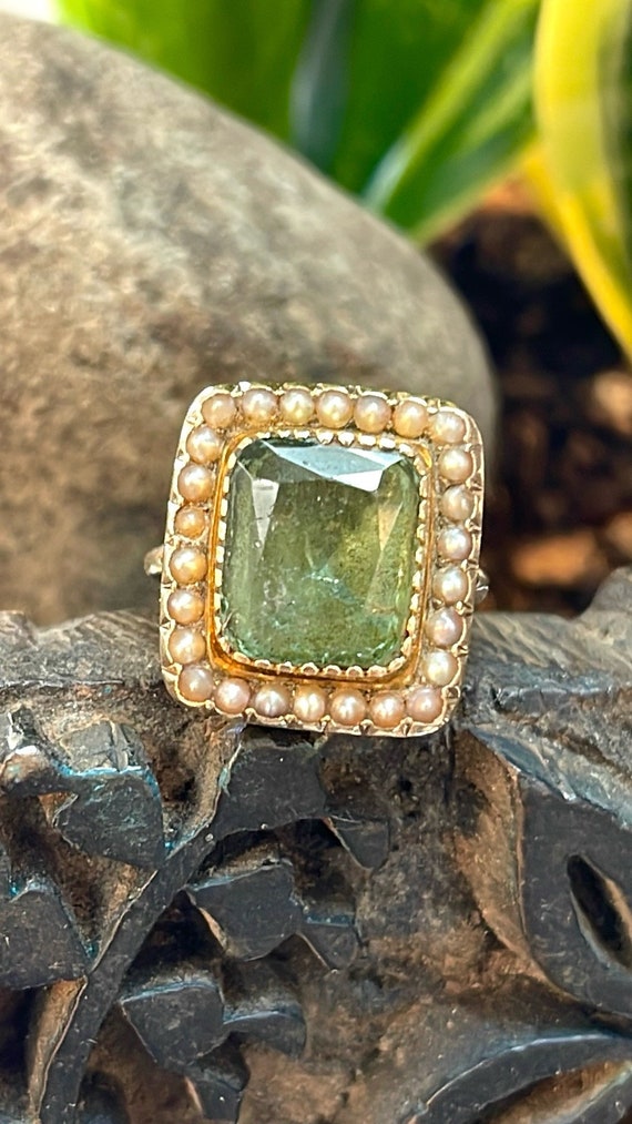 14k GIA - Georgian Emerald and Pearl Ring