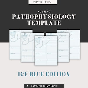 May include: Printable nursing pathophysiology template in ice blue with a stethoscope graphic. The template includes sections for injury, disease, condition, and drug use.