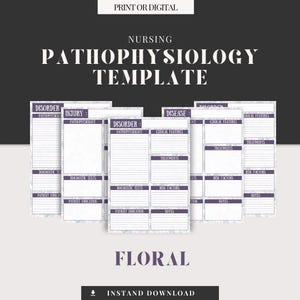 Puede incluir: Plantilla de patofisiología de enfermería imprimible con un diseño floral. La plantilla incluye secciones para trastorno, lesión, enfermedad, características clínicas, tratamientos, pruebas de diagnóstico, factores de riesgo, educación del paciente y notas.