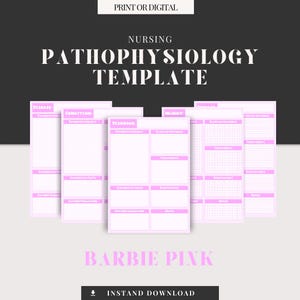 May include: Printable nursing pathophysiology template in pink. The template includes sections for disease, condition, disorder, injury, and medication.  The template is designed for students and nurses to organize their notes and study.