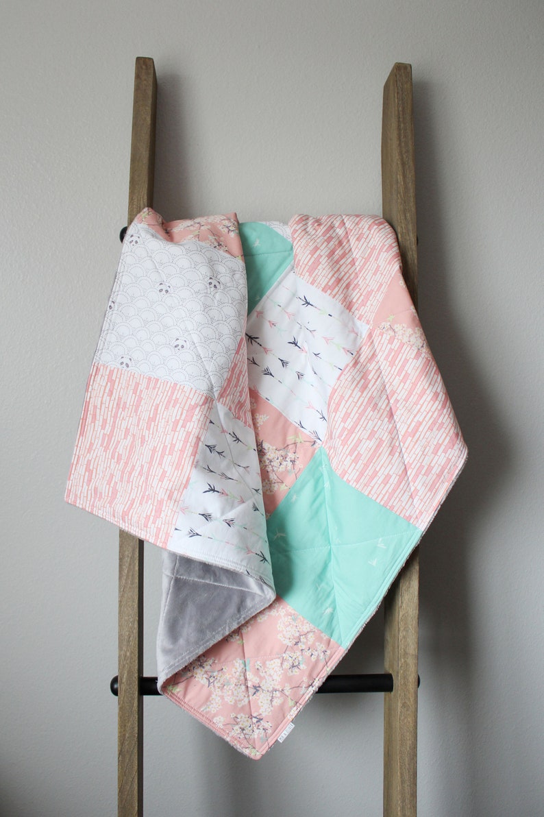 Panda Baby Quilt Arrow Girl Nursery Bedding Crib Modern Shower Gifts Blanket Pink Gray Blue White