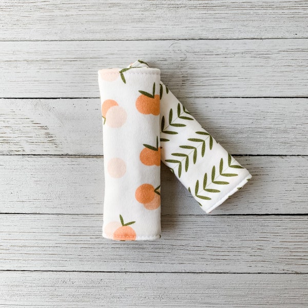 Organic car seat strap covers-Baby Girl Car Seat Strap Cover-Seat Belt Cover-Peaches and Vines-Car Seat Accessories-Reversible Strap Covers