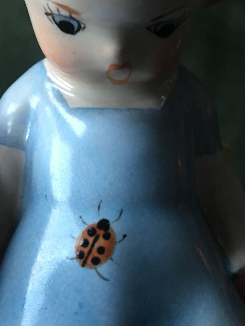 Vintage 1940s figurine girl with ladybug hand painted image 8