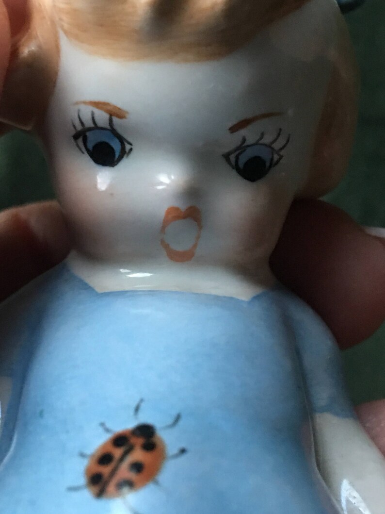 Vintage 1940s figurine girl with ladybug hand painted image 2