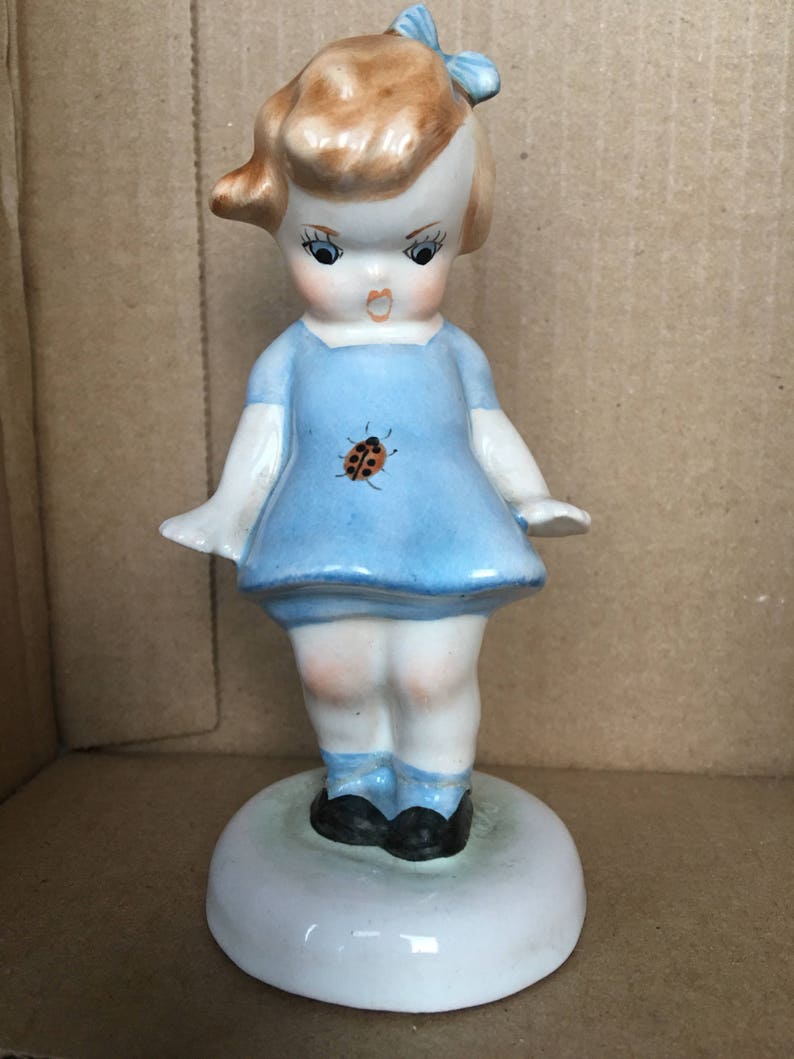 Vintage 1940s figurine girl with ladybug hand painted image 0