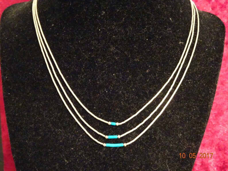Sterling Silver and Turquoise Beaded 3 Strand Necklace-16-17 long