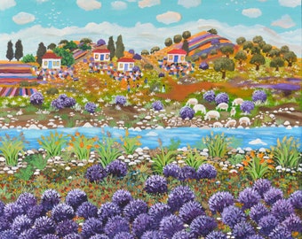 artful art gift, original painting The lavender Village, naive art acrylic painting,1 of a kind colorful happy gift for your home