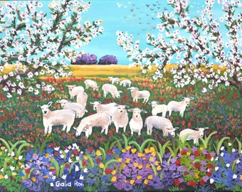 artful art gift, original naive art acrylic painting, Sheep's and almond trees, colorful and happy naive art for your wall