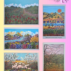 5 tarjetas de felicitación de arte naif coloridas, postal, regalo, arte israelí, arte judío,
