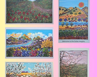 5 kleurrijke naïeve kunst wenskaart, postkaart, als cadeau