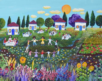 artful art gift, naive art print on high quality paper, Hora dance in the young kibbutz, colorful art print that will make your wall happy