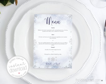 Winter Snowflake Printable Wedding Menus (5x7 inch & A6) -  INSTANT DOWNLOAD - Editable Template