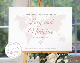 Where in the World - World Map Travel Theme - Printable Wedding Welcome Sign A3, A2, 18 x 24 -  INSTANT DOWNLOAD - Editable Template