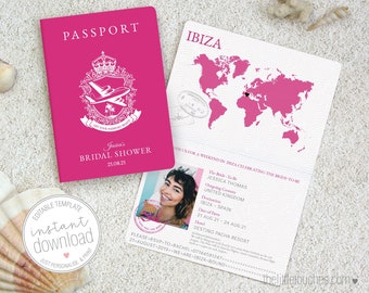 Passport style Printable Hen Party / Bridal Shower / Birthday Invitations (A6) - INSTANT DOWNLOAD - Editable Template