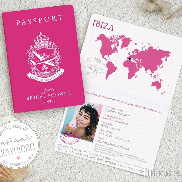Passport style Printable Hen Party / Bridal Shower / Birthday Invitations (A6) - INSTANT DOWNLOAD - Editable Template