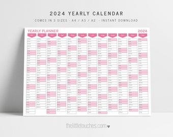 2024 PRINTABLE Pink Calendar | Digital PDF Instant Download | 2024 Yearly Planner - A4 / A3 / A2 Landscape