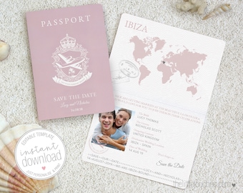 Passport style Printable Wedding Save the Date cards (A6) -   Destination wedding - INSTANT DOWNLOAD - Editable Template