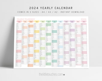 2024 PRINTABLE Calendar | Digital PDF Instant Download | 2024 Yearly Planner - A4 / A3 / A2 Landscape Pastel Rainbow