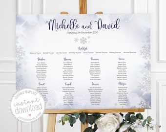 Winter Snowflake Printable Wedding Table Plan | Seating Chart (A2, A1, 18 x 24 & 24 x 36) -  INSTANT DOWNLOAD - Editable Template