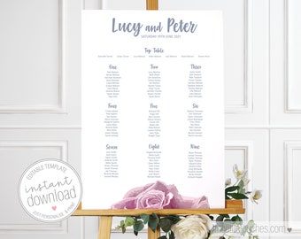 Sketch Rose Printable Wedding Table Plan | Foliage Seating Chart -Sizes A2, A1, 18 x 24 & 24 x 36-  INSTANT DOWNLOAD - Editable Template