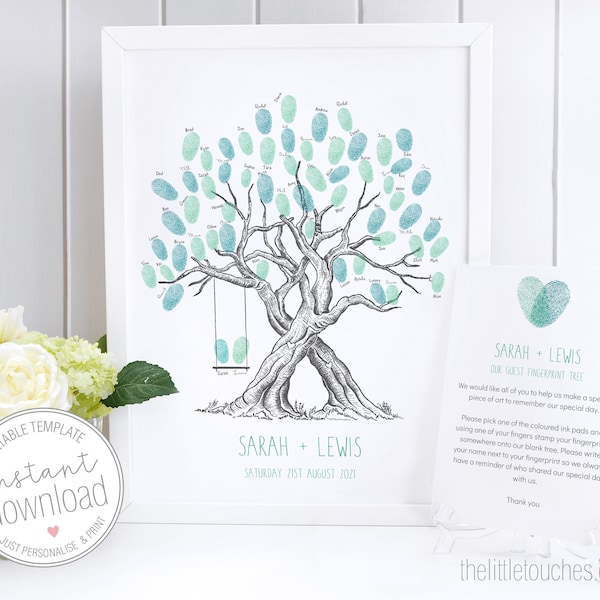 Árbol de huellas dactilares de boda imprimible con doble tronco y columpio / libro de visitas - DESCARGA INSTANTE - Plantilla editable DIY