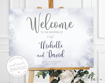 Winter Snowflake Printable Wedding Welcome Sign -  INSTANT DOWNLOAD - (A2, A3 & 18 x 24inches) - Editable Template