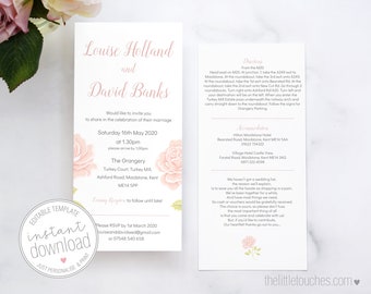 English Rose Printable Wedding Invitation (DL Size) -  INSTANT DOWNLOAD - diy Editable Template