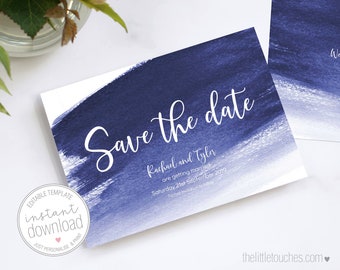 Blue Watercolour Printable Wedding Save the Date cards Template (A6 & 6 x 4 Inches) -  INSTANT DOWNLOAD - DIY Editable Template