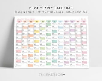 2024 PRINTABLE Calendar | Digital PDF Instant Download | 2024 Yearly Planner - Letter / 11x17 / 18x24 Landscape Pastel Rainbow