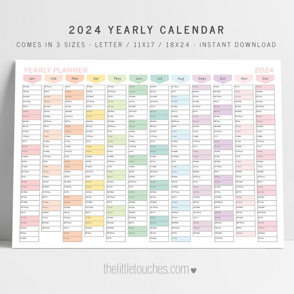 2024 PRINTABLE Calendar | Digital PDF Instant Download | 2024 Yearly Planner - Letter / 11x17 / 18x24 Landscape Pastel Rainbow