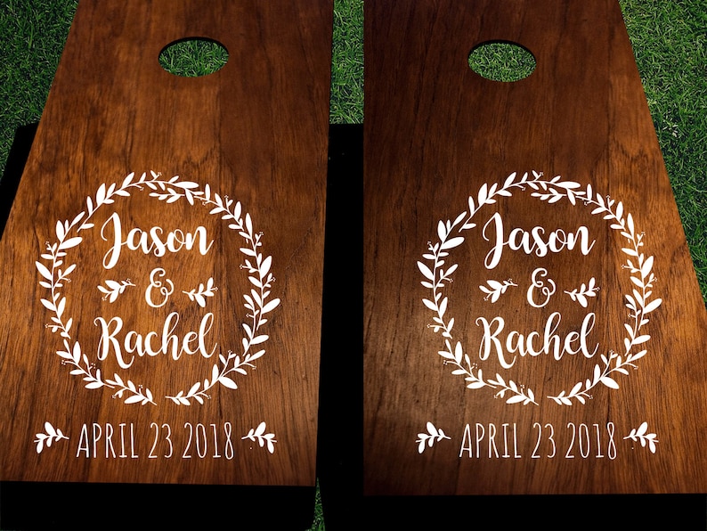 Custom wedding cornhole decals with names and date.  Corn hole decals are great for adding personalization to your wedding cornhole boards. 