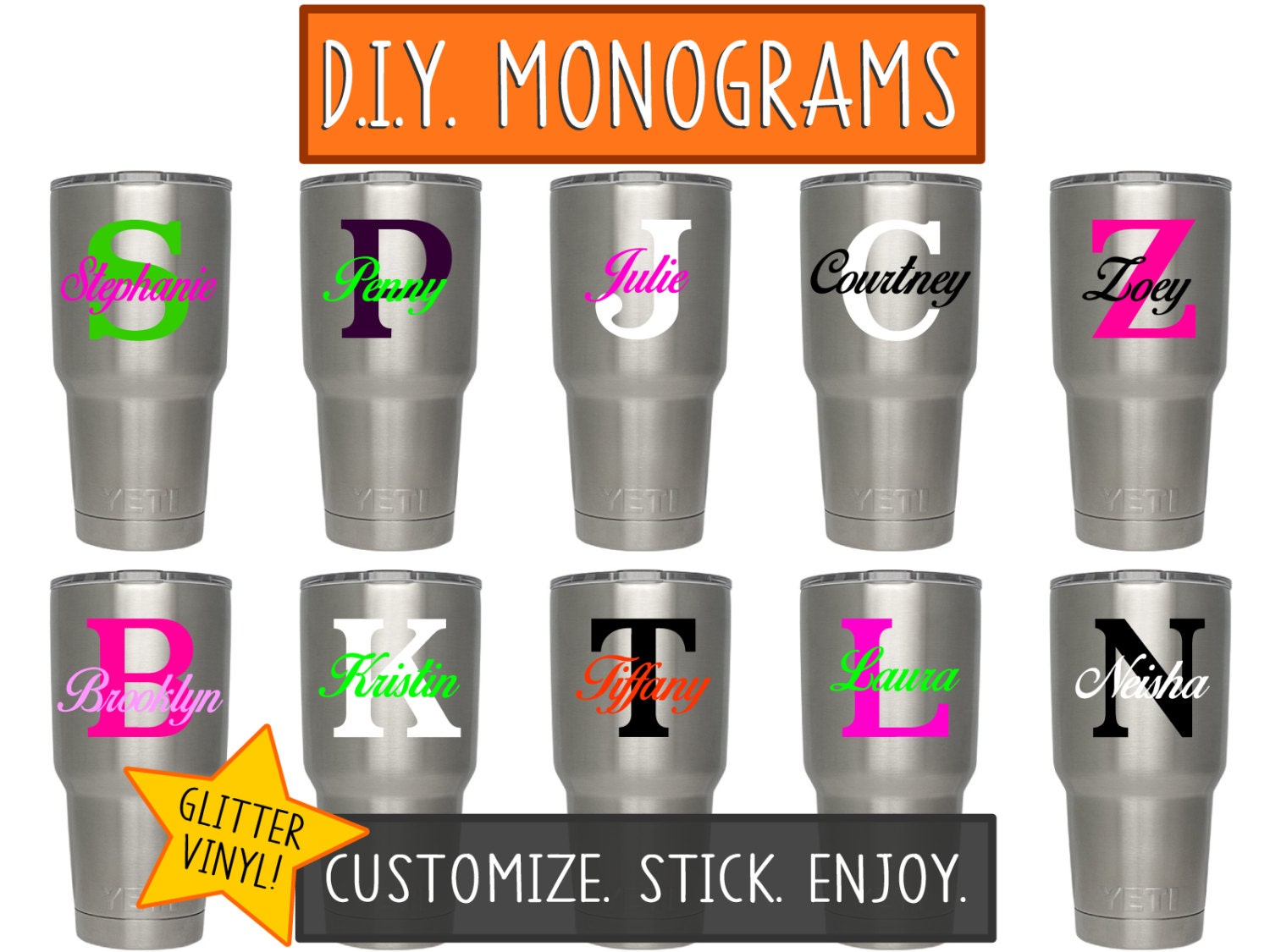 Yeti Name Decal. Personalized Glitter Yeti Monogram Decal. Etsy