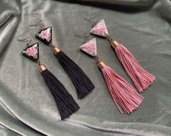 Vintage Painted Floral Ceramic Bead + Tassel Earrings Feminine Coquette Cute Pink White Black Flower Mauve Magenta Light pink