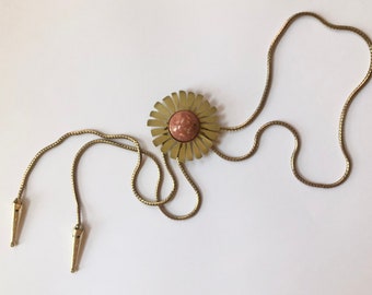 Mauve Lucite and Brass Daisy Braided Snake Chain Bolo 33” modern trendy geometric casual western acrylic Vintage 1960s 60s 1970s 70s