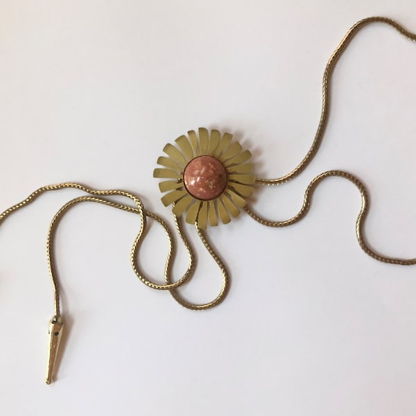 Mauve Lucite and Brass Daisy Braided Snake Chain Bolo 33” modern trendy geometric casual western acrylic Vintage 1960s 60s 1970s 70s