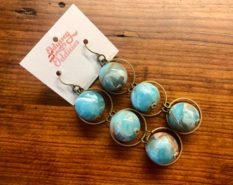 Earth Angel Marbled Vintage Acrylic Brass Circle Trio Earrings Lightweight  Swirled  Statement Nickel Free Lightweight Turquoise
