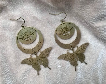 Eye Brass Moon Butterfly Earrings Art Geometric Witchy Occult Crescent Moon Crescent Shield 3”