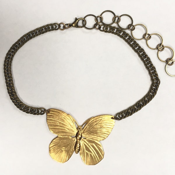 Brass Large Butterfly Choker- Adjustable Oxidized Curb Chain Statement 12" - 18" 90s Vintage Funky Statement Cool Trendy 1990s