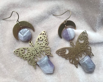 Nouveau Amethyst Moon Butterfly Earrings Art Geometric Witchy Lilac Purple Shield Crescent Arrow Gemstone 2.75”