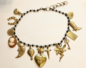 HANDMADE Rosary Charm Necklace - Assorted Charms Adjustable One of a Kind Various Charms - Choose Length 17” 19” 21” black or rust