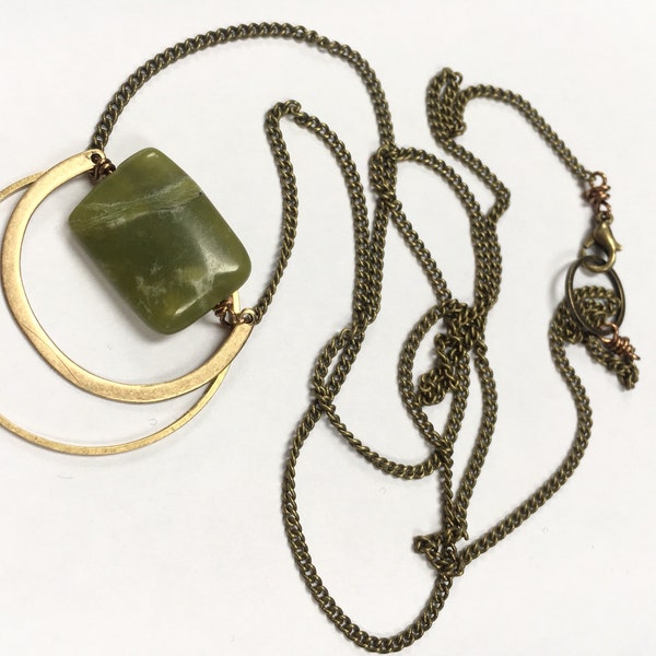 Nephrite Jade Arc + Circle Necklace Olive Green Warm Green Oxidized Brass 20" Trendy Square Round Mixed Metal Valentine's day gift