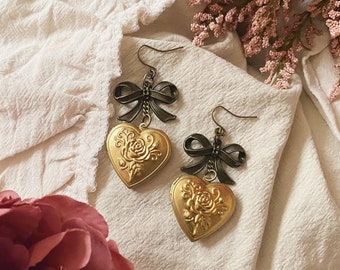 Brass Bow + Functional Heart Locket Earrings Ribbon Floral Coquette Feminine Cute Victorian Vintage