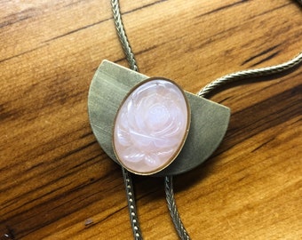 Vintage Rose Lucite Oval Half Moon Bolo and hammered brass triangle snake chain Bolo 36” modern pink blush casual feminine cameo cabochon