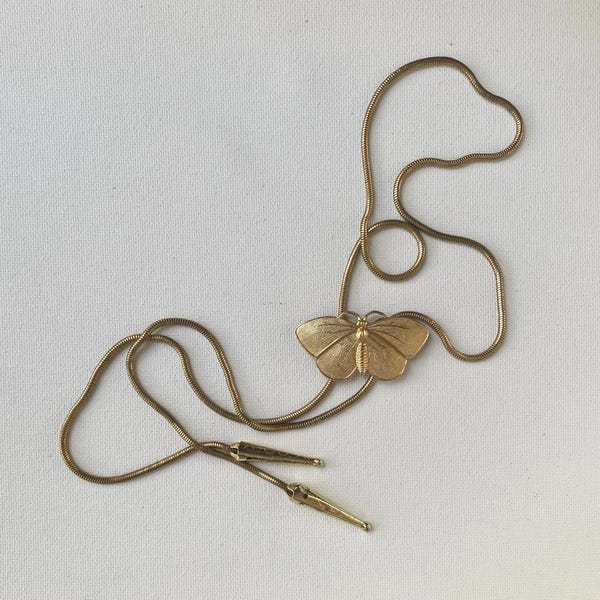 HANDMADE Brass Butterfly  Snake Chain Bolo Vintage INSPIRED 33” modern trendy nature moth casual western  feminine 1960s  1970s 70s