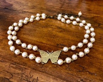 Handmade Faux Pearl Double Chain Butterfly Choker Peach Rosary Chain Victorian 90s Vintage Feminine  Witch 12"-19"