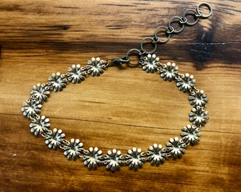 Vintage Brass Daisy Chain Choker Adjustable Oxidized Curb Chain Palm Charms Feminine Spring Nature Floral Mystical Fairy Magic Witch 12"-19"