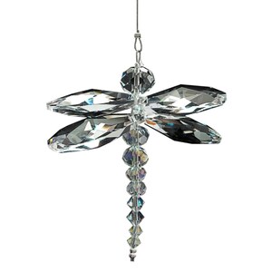May include: A crystal dragonfly suncatcher with a clear, iridescent finish. The dragonfly is suspended from a silver chain with a crystal bead at the top.
