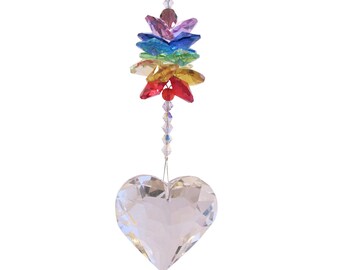 CCH45 Chakra Positive Energy Crystals Cluster Clear Heart 45 mm Rainbow Maker Sun Catcher Porch Decor Hanging Ornament Free Shipping in USA!