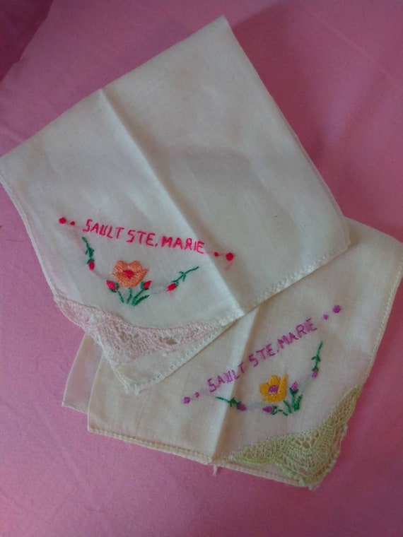 Two Vintage Handkerchiefs Sault STE Marie Lace Emb